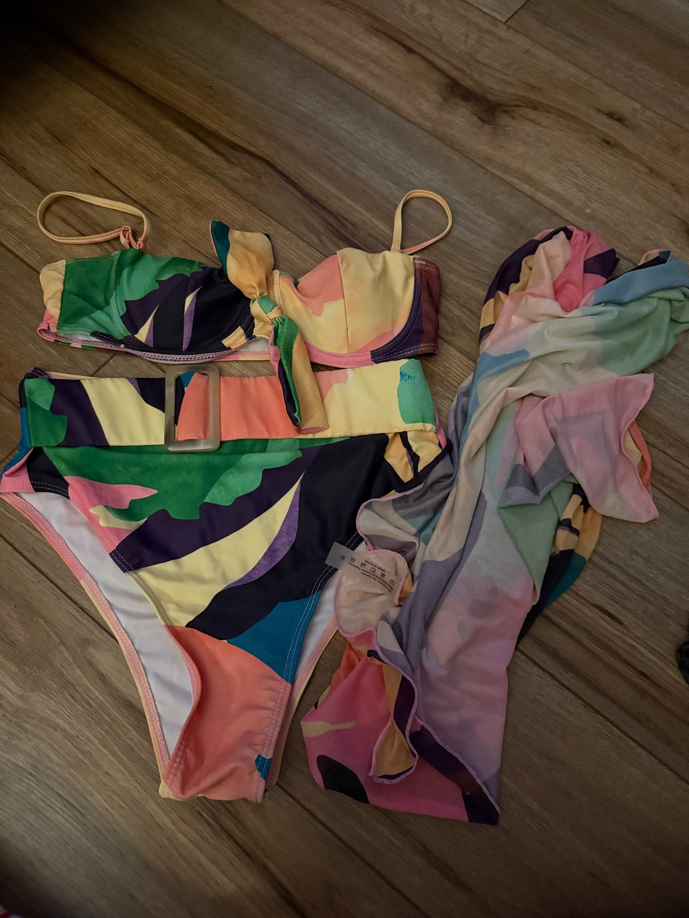 Colorblock Tropical Print Bikini Set with Cover-Up
